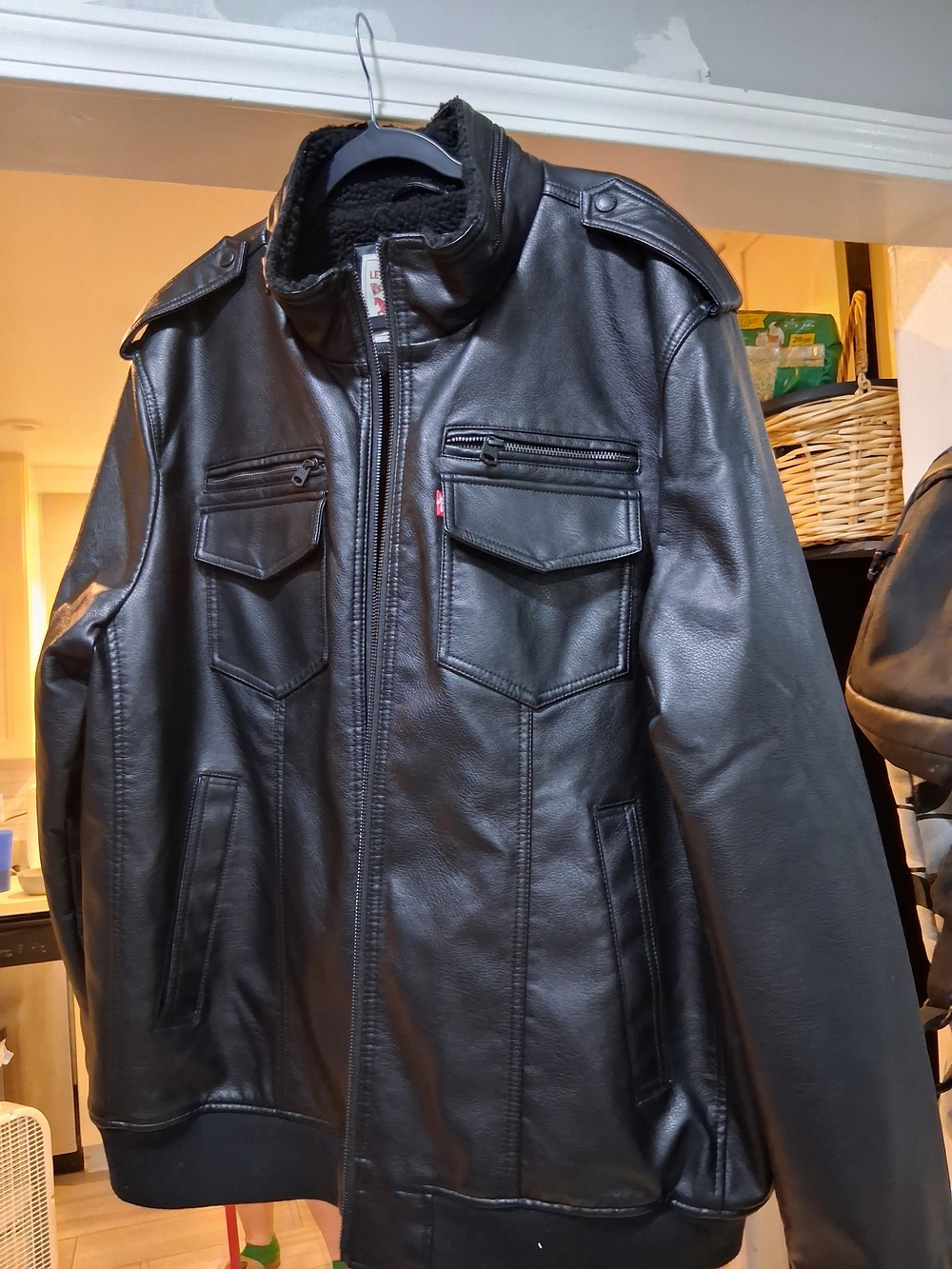 Men's Black Faux Leather Bomber Jacket - Classic Military Pocket Design